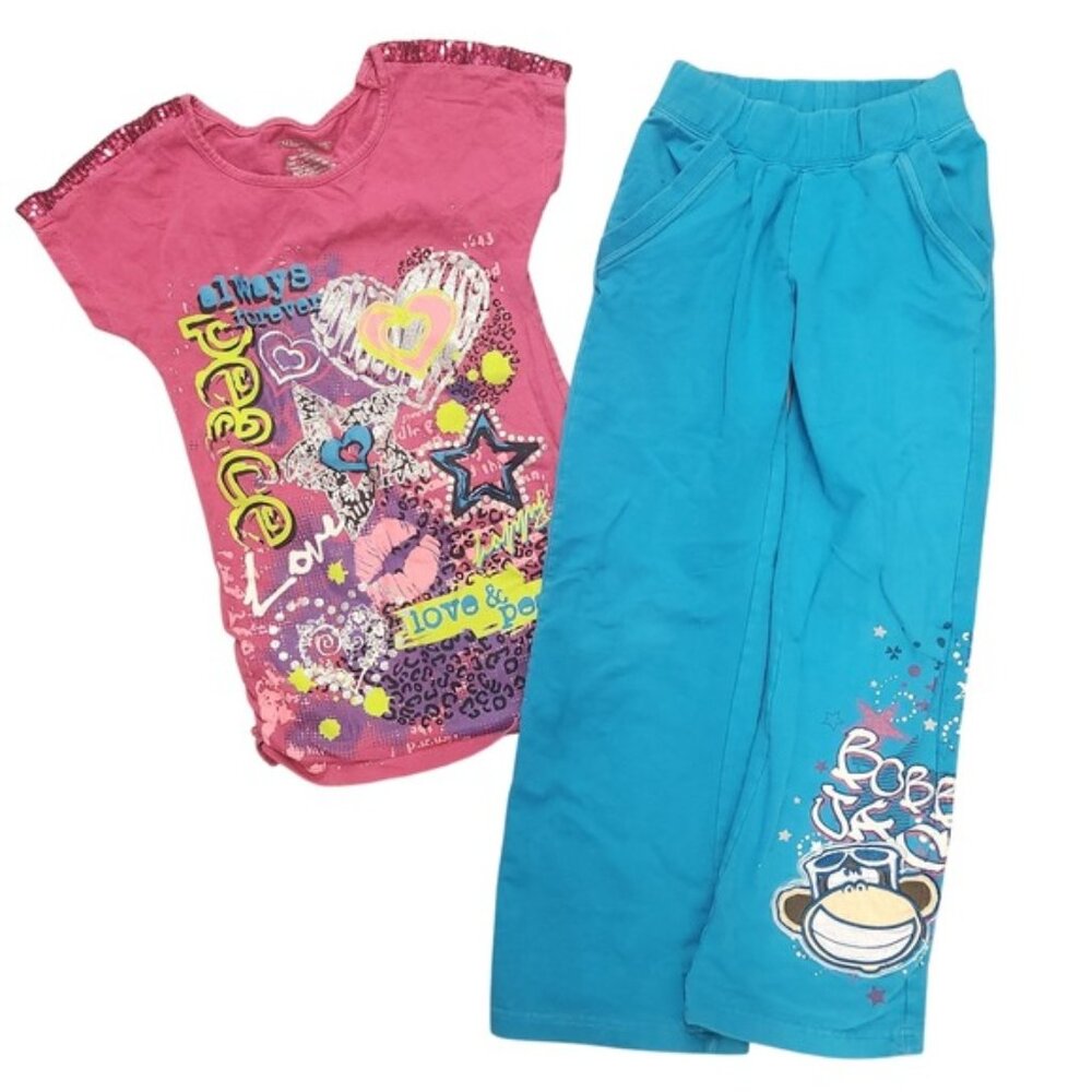 Bobby jack cherokee cotton Girls y2k 8-10/12 Outfit Top & pants sequin‎ graffiti